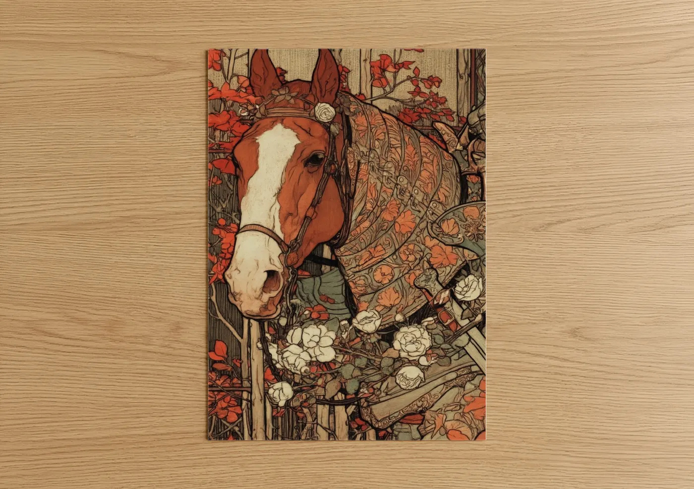 Art print on warm oak wood — red and cream palette — Floral Quarter Horse poster