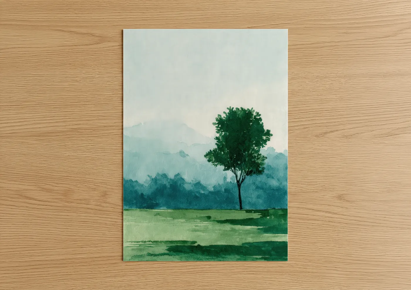 Fruit trees art print on warm oak wood — light green and blue palette — Misty Valley Tree poster