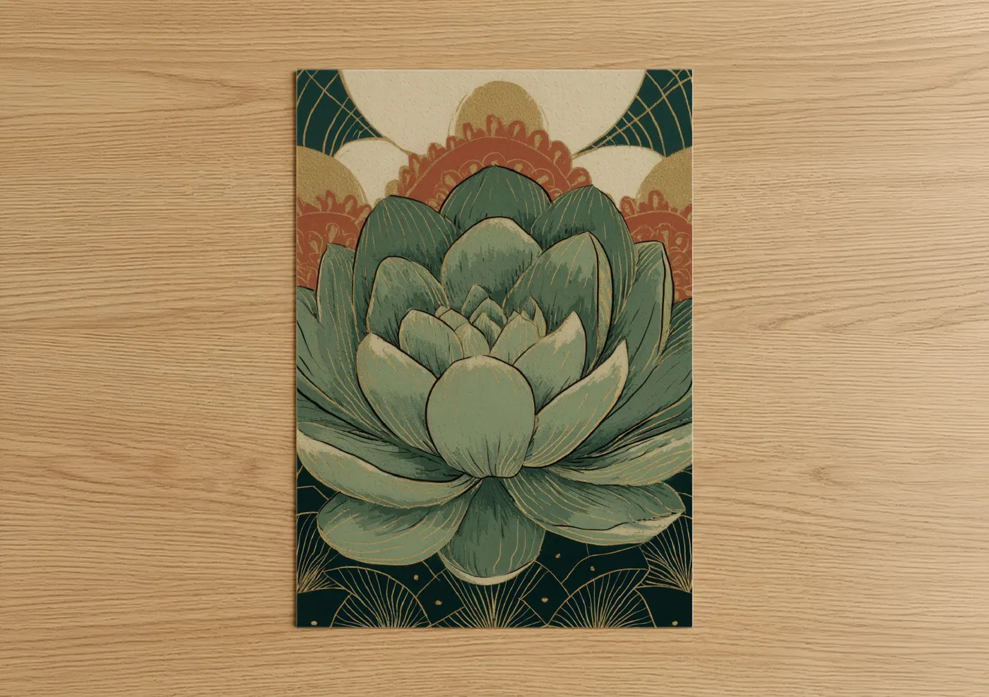 Art print on warm oak wood — sage green and gold palette — Succulent Lotus poster