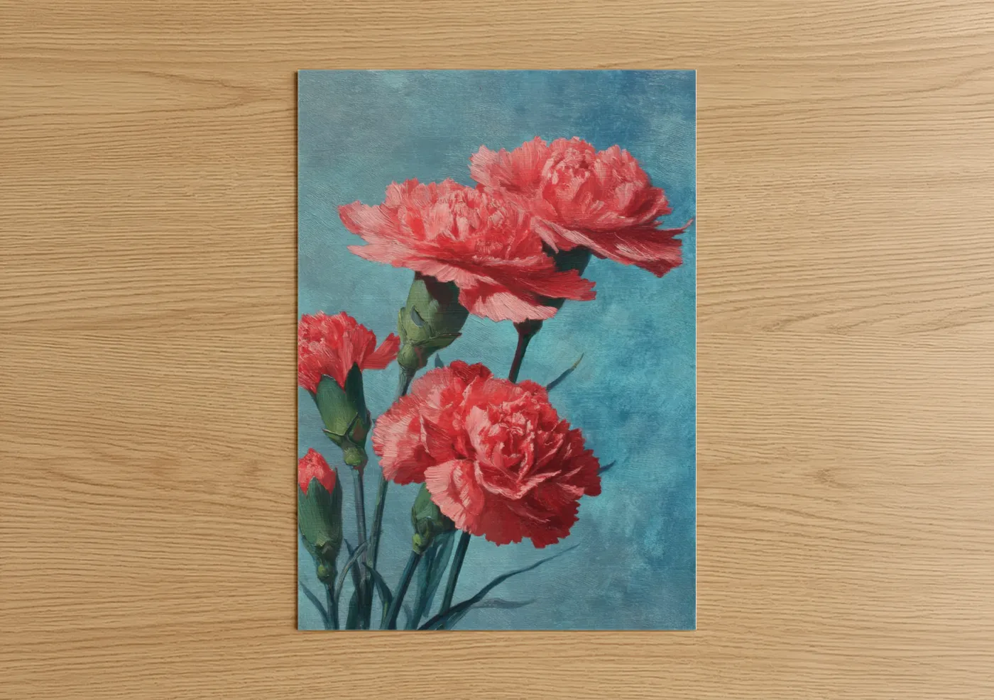 Coral Carnations Turquoise Background Wall Art