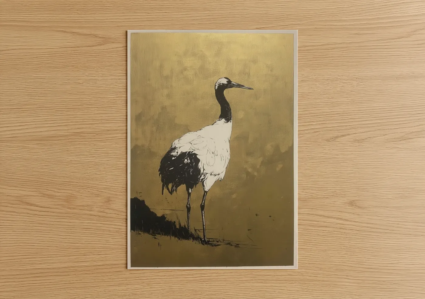 Art print on warm oak wood — gold and black and white palette — Elegant Crane Portrait poster