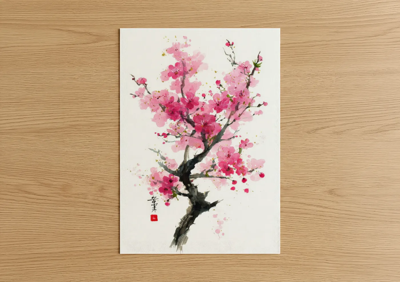 Cherry blossoms art print on warm oak wood — pink and gold palette — Pink Cherry Blossom poster