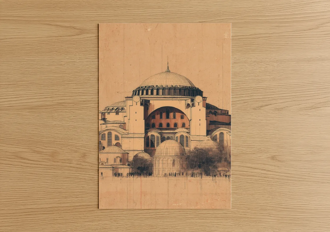 Hagia sofia art print on warm oak wood — beige and brown palette — Hagia Sophia Blueprint poster