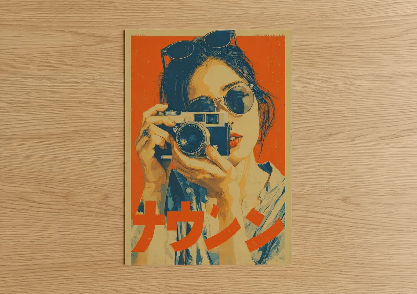 Vintage japanese ads art print on warm oak wood — orange and dark blue palette — Photographer Vintage poster