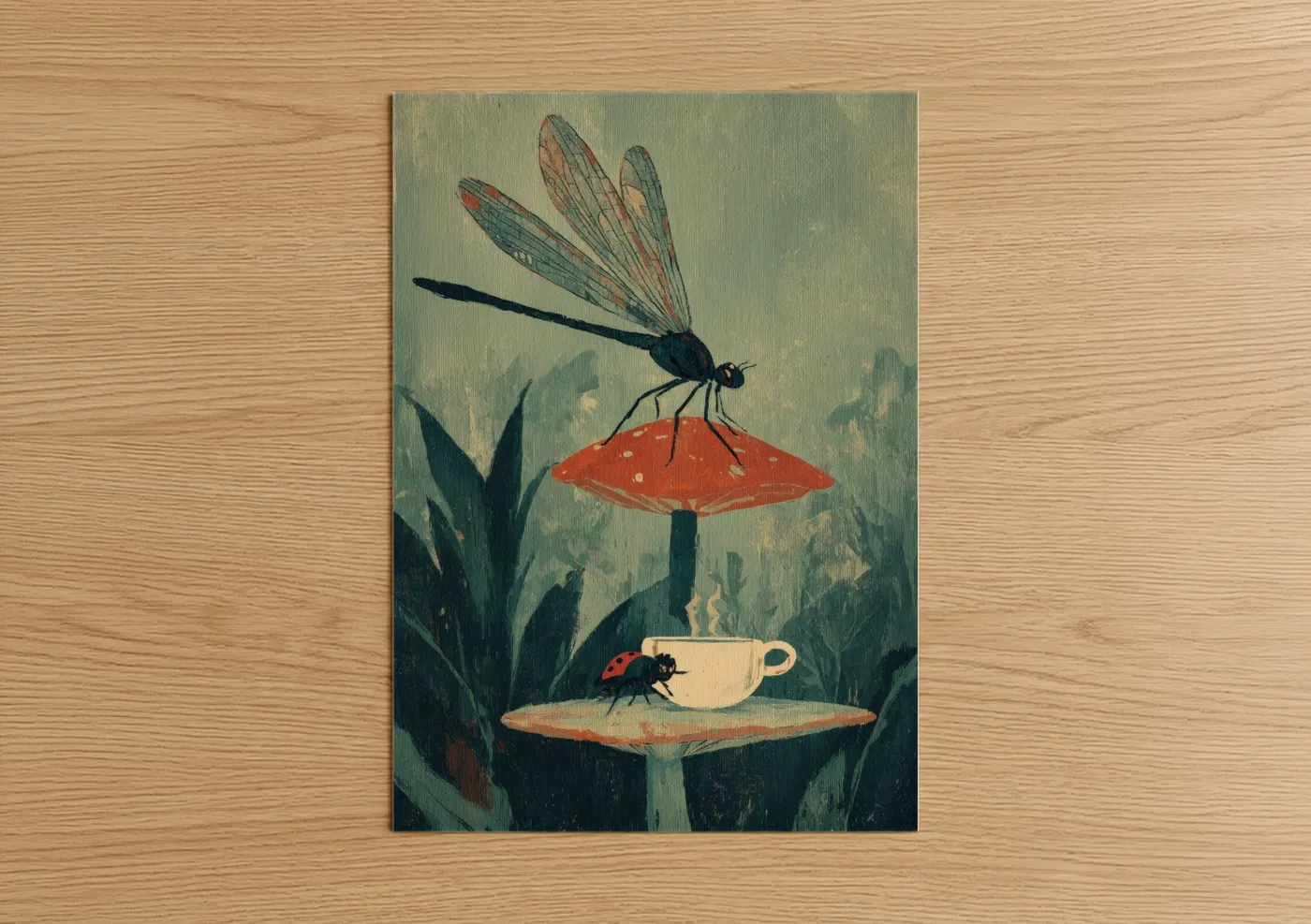 Art print on warm oak wood — sage green and cream palette — Mushroom Dragonfly poster