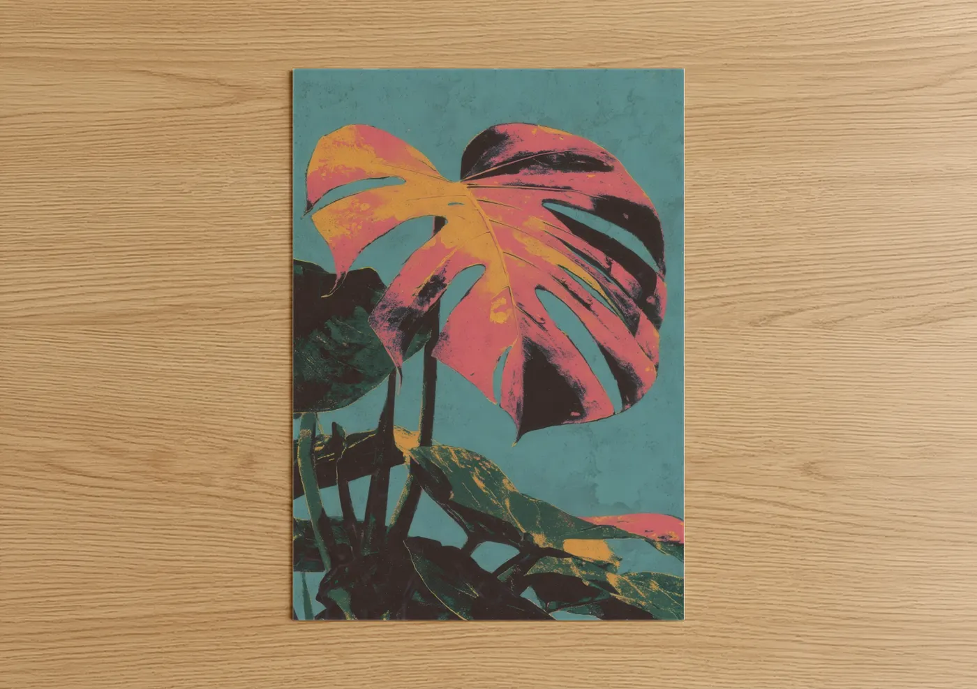 Tropical trees art print on warm oak wood — magenta and gold palette — Monstera Pop poster