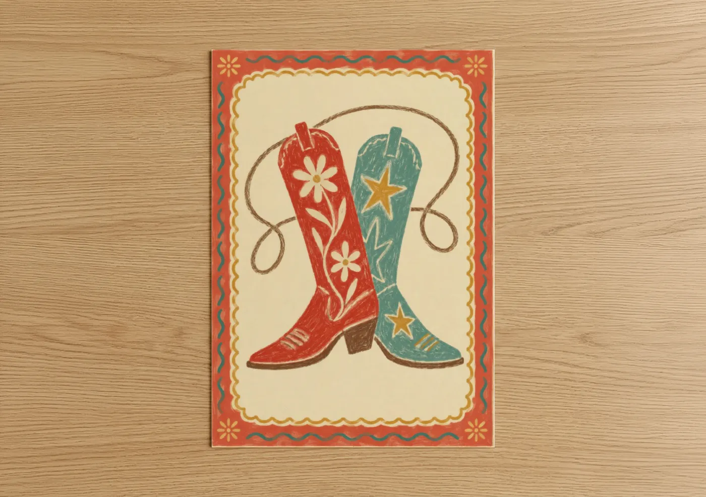 Fashion art print on warm oak wood — red and teal palette — Vintage Cowboy Boots Western Wall Art poster