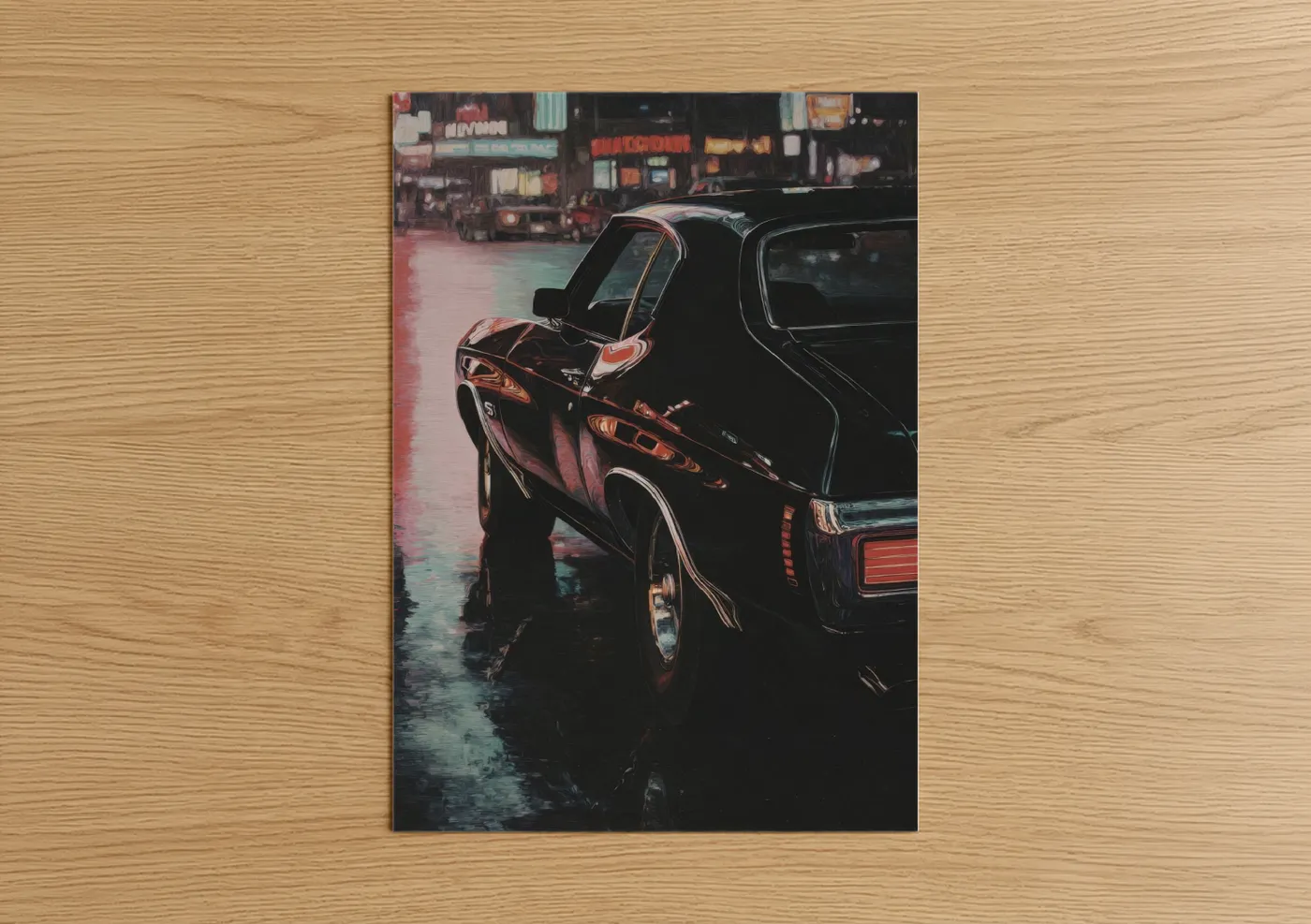 Classic car art print on warm oak wood — black and gold and magenta palette — Neon Night Classic poster