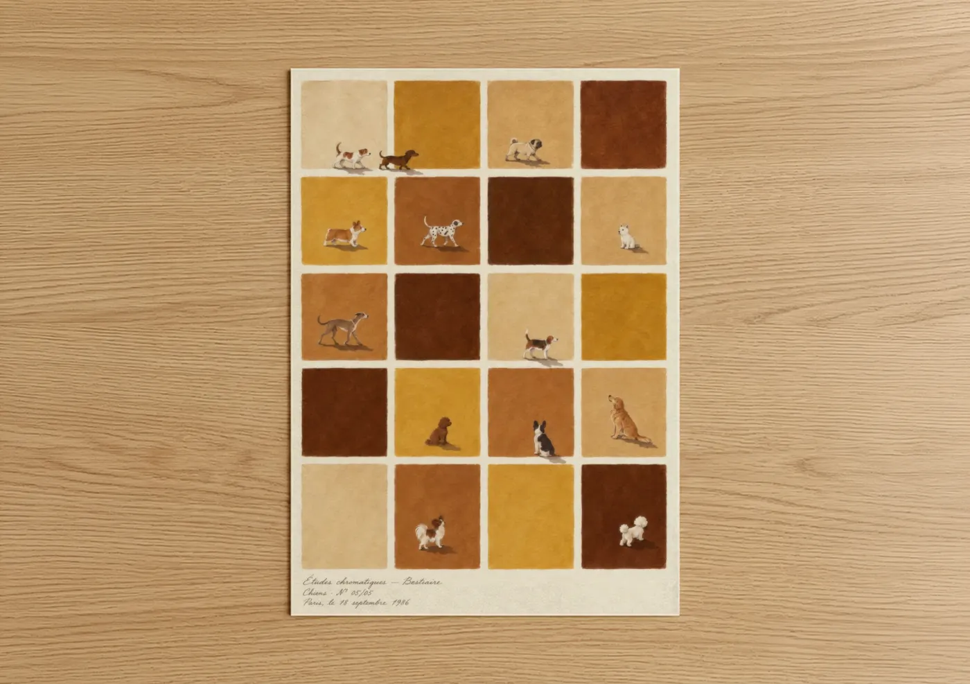 Dogs art print on warm oak wood — brown and beige palette — Dog Breed Study Grid Wall Art poster