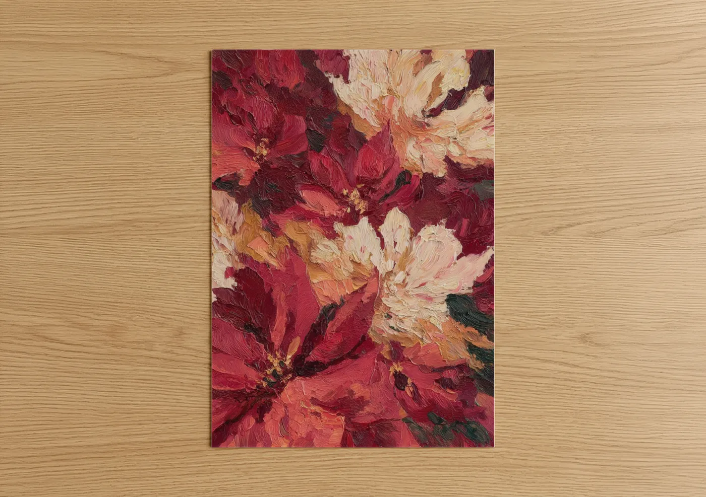 Art print on warm oak wood — magenta and cream palette — Crimson Poinsettias poster