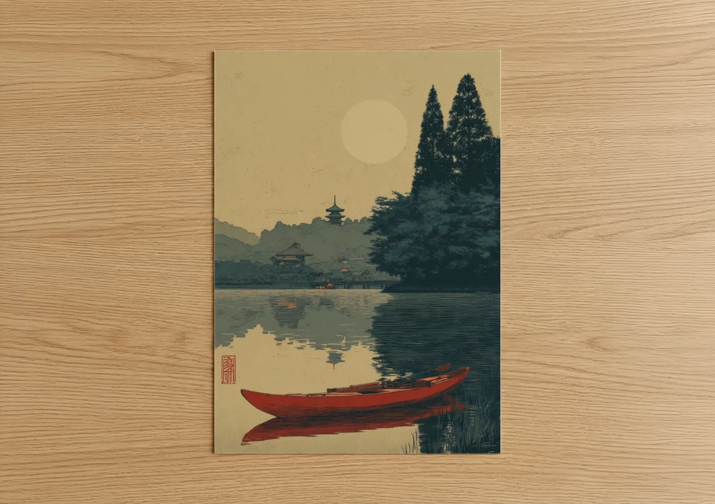 Asian Landscape Red Kayak Watercolor Wall Art