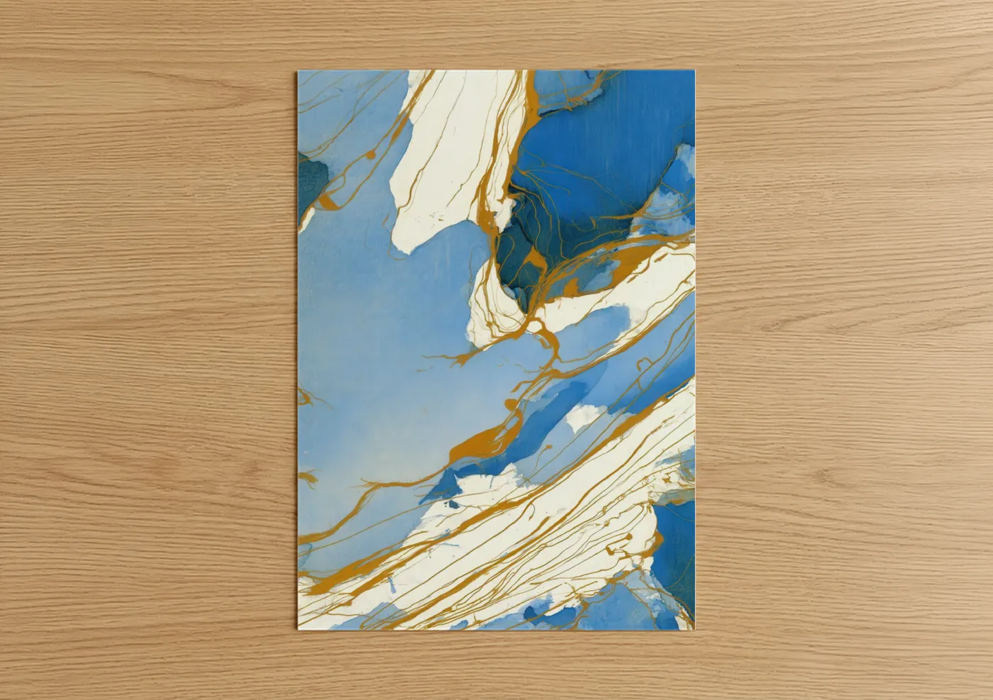 Art print on warm oak wood — blue and gold and white palette — Azure Dove poster