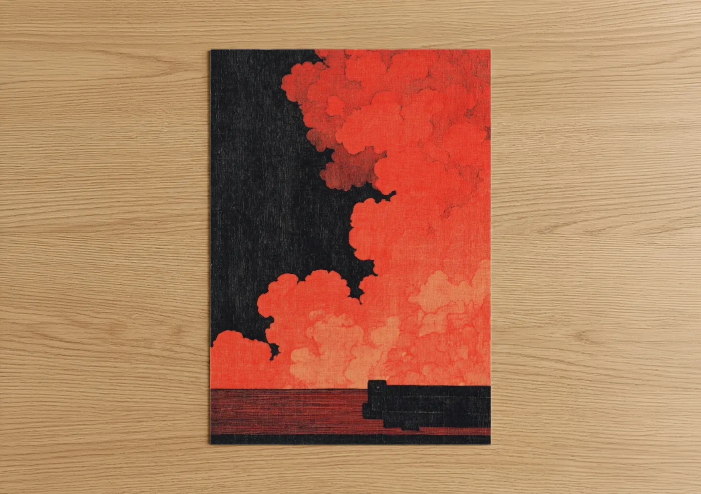Art print on warm oak wood — red and black palette — Crimson Fireplace poster