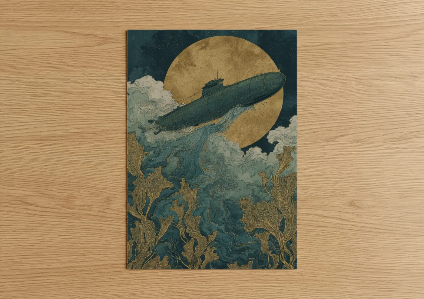 Moonlit Submarine Sci-Fi Illustration Wall Art