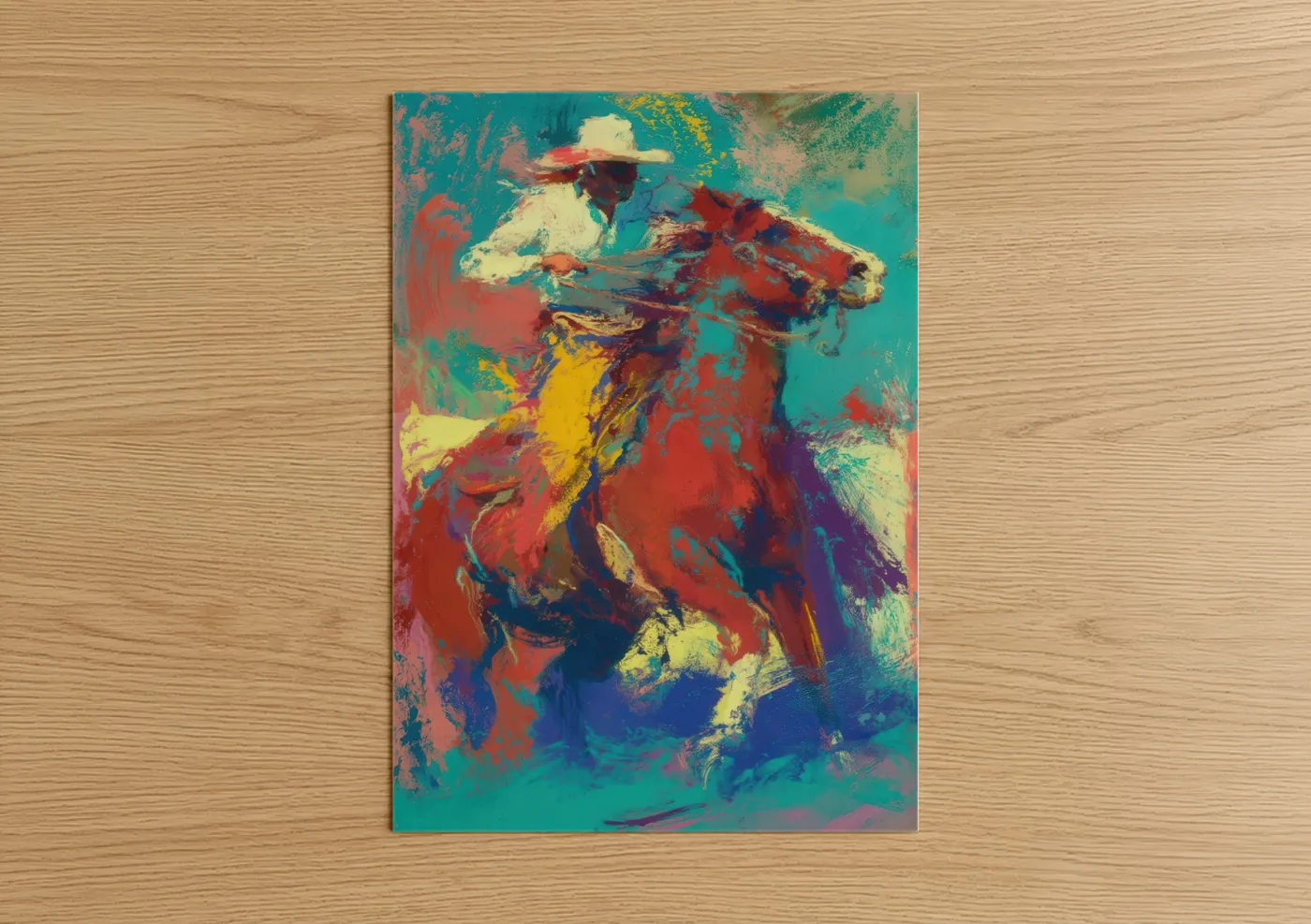 Art print on warm oak wood — turquoise and red palette — Colorful Quarter Horse poster