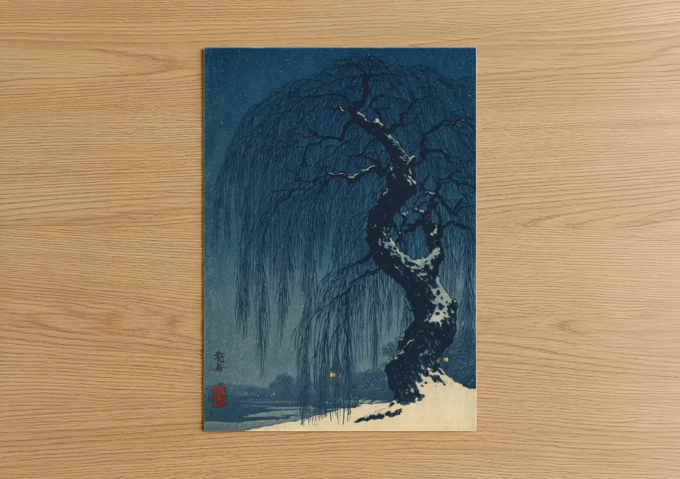 Snowy Willow Tree Winter Night Sky Wall Art