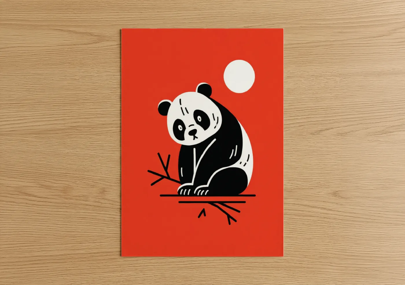 Art print on warm oak wood — red and black and white palette — Contemplative Panda poster