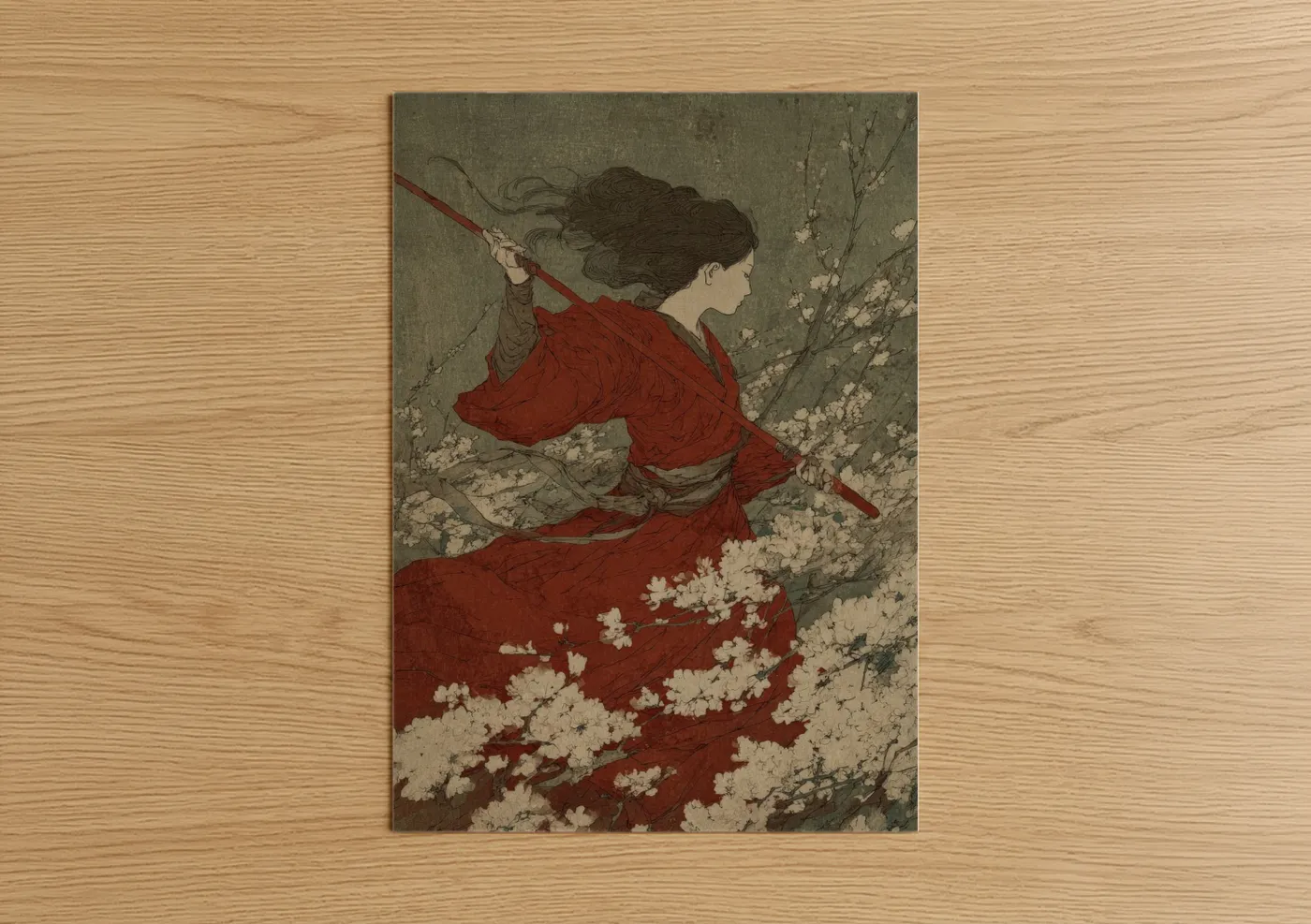 Kung fu art print on warm oak wood — red and sage green palette — Red Warrior poster