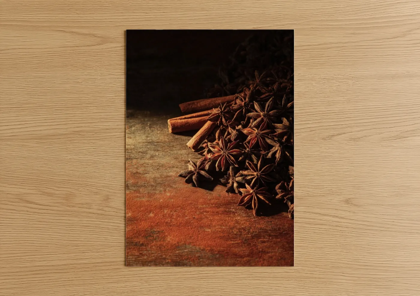 Herbs and spices art print on warm oak wood — russet and gold palette — Spiced Warmth poster