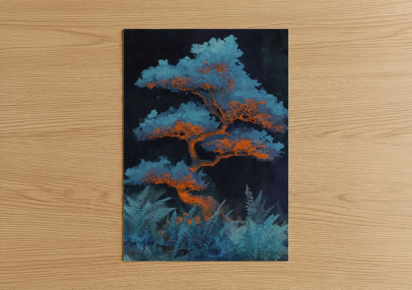 Glowing Bonsai Tree with Orange Branches Wall Art