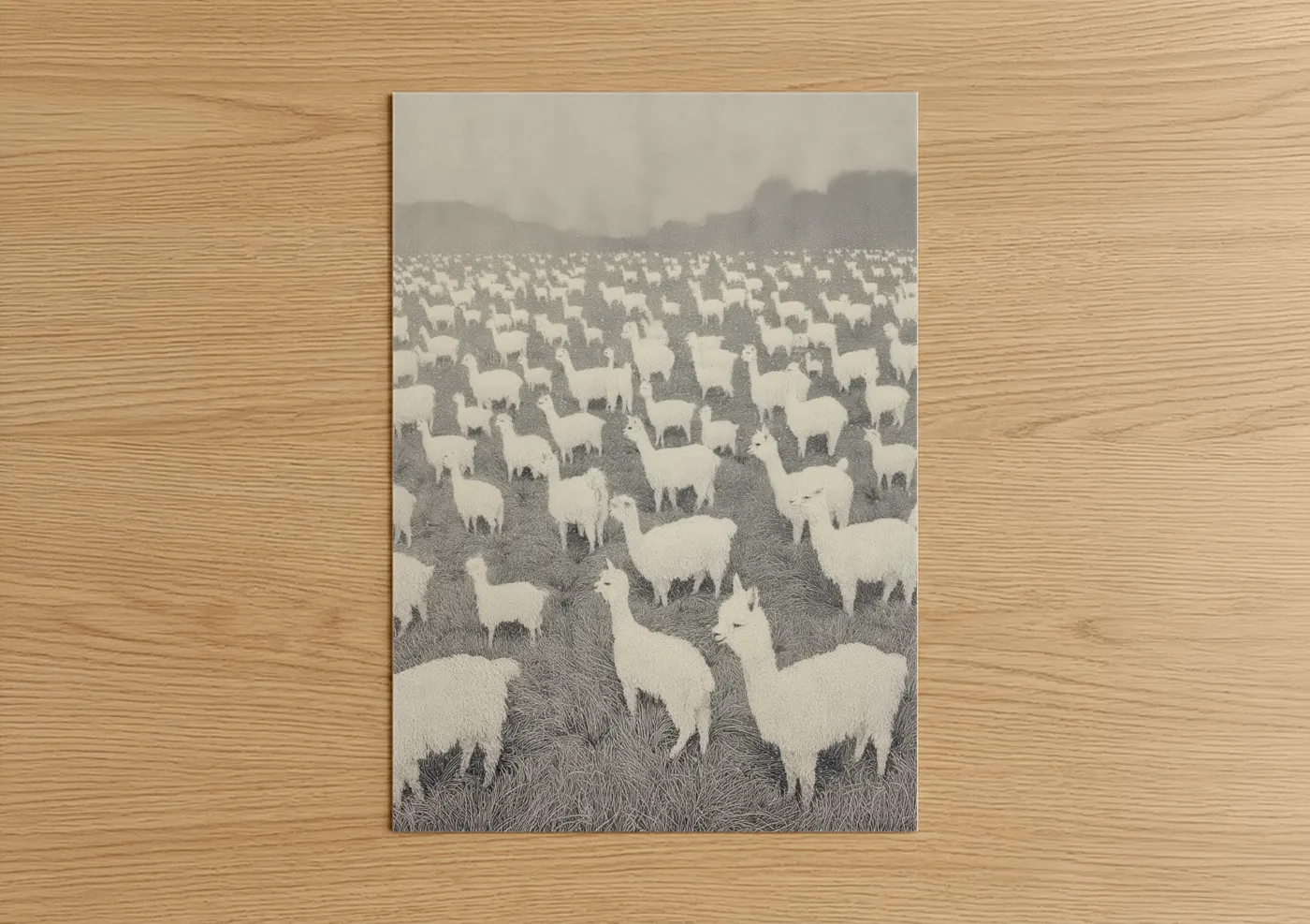 Art print on warm oak wood — gray and white and black and white palette — Misty Alpaca Herd poster