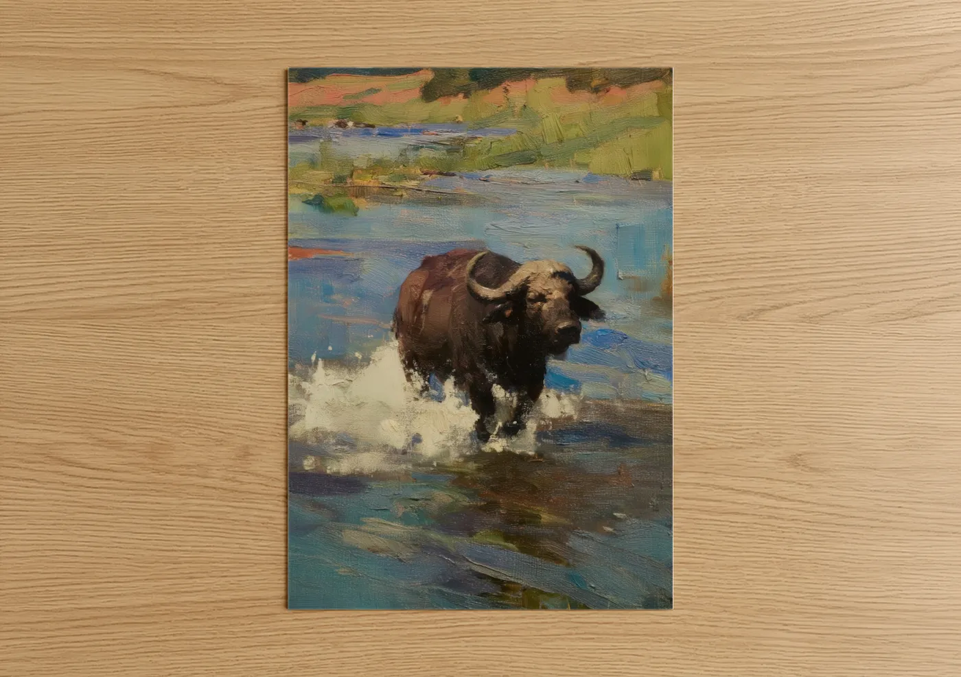 Wading Bison Water Landscape Painting Wall Art