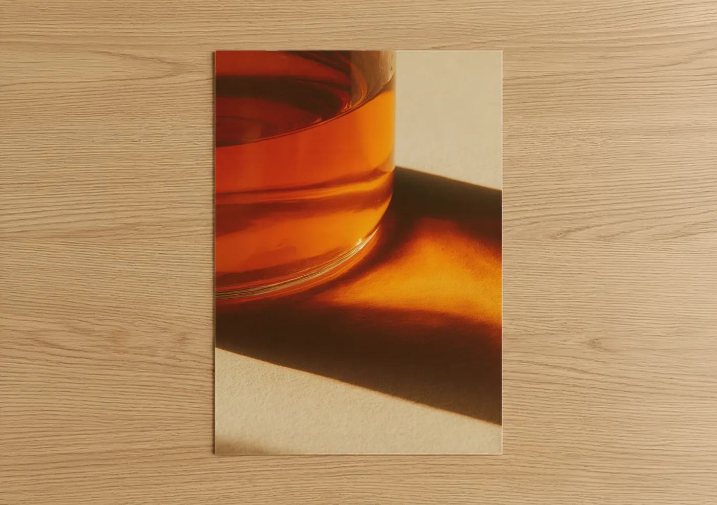 Iced tea art print on warm oak wood — orange and gold palette — Golden Hour Tea poster