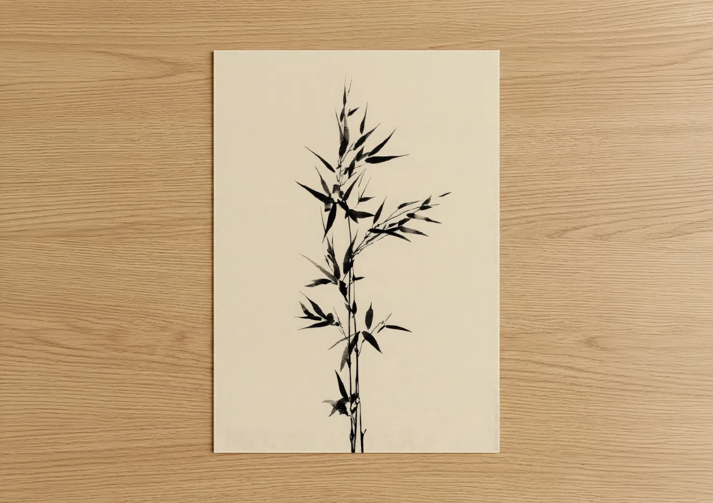 Art print on warm oak wood — black and white and cream palette — Minimalist Bamboo poster