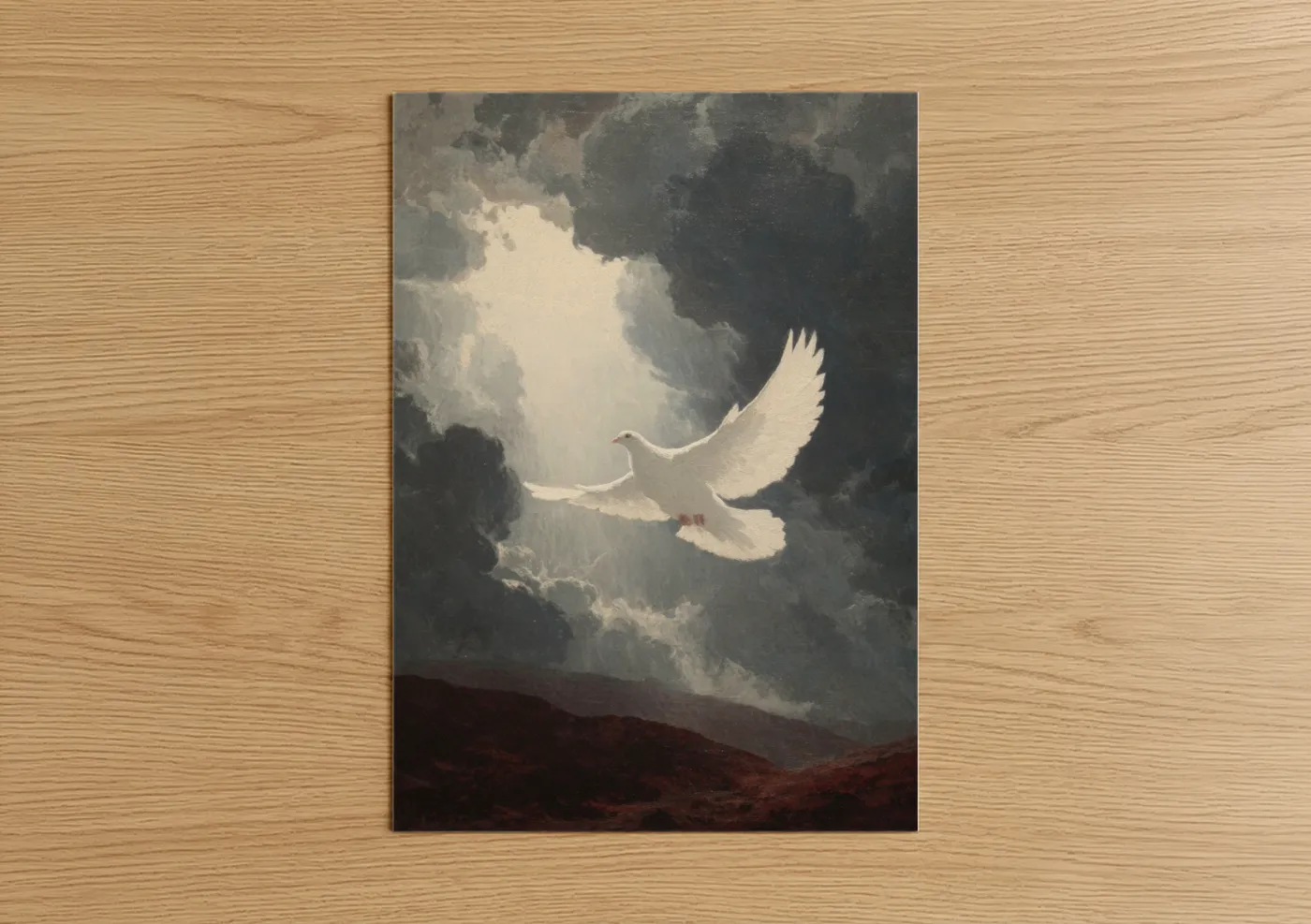 Pentecost art print on warm oak wood — white and gray palette — Heavenly Dove poster