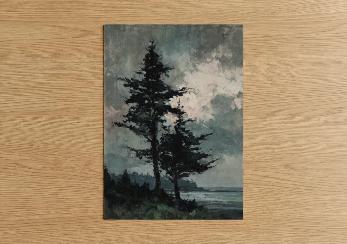 Windswept Cedar Tree Lakeside Painting Wall Art
