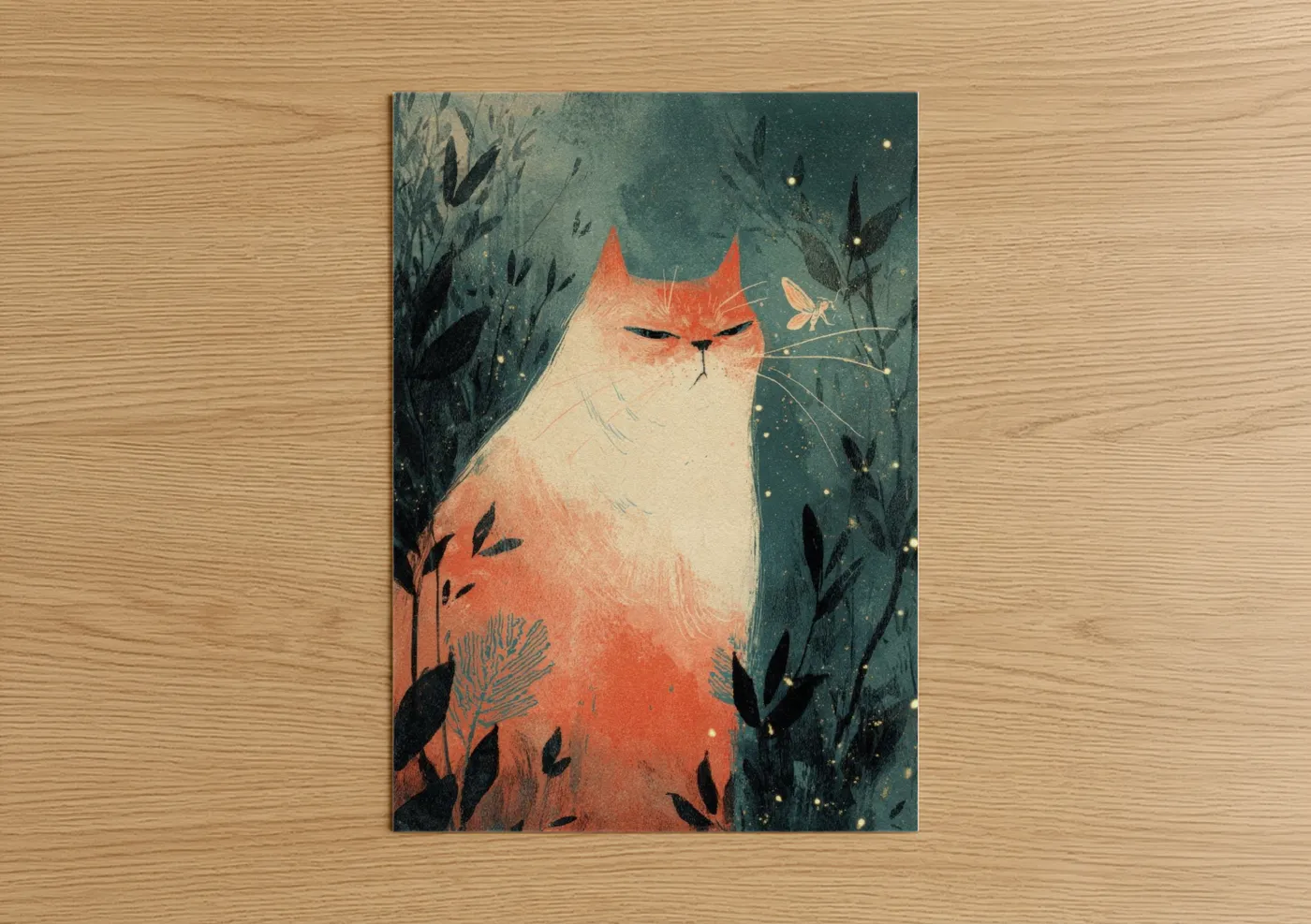 Orange Cat with Fireflies Night Garden Wall Art
