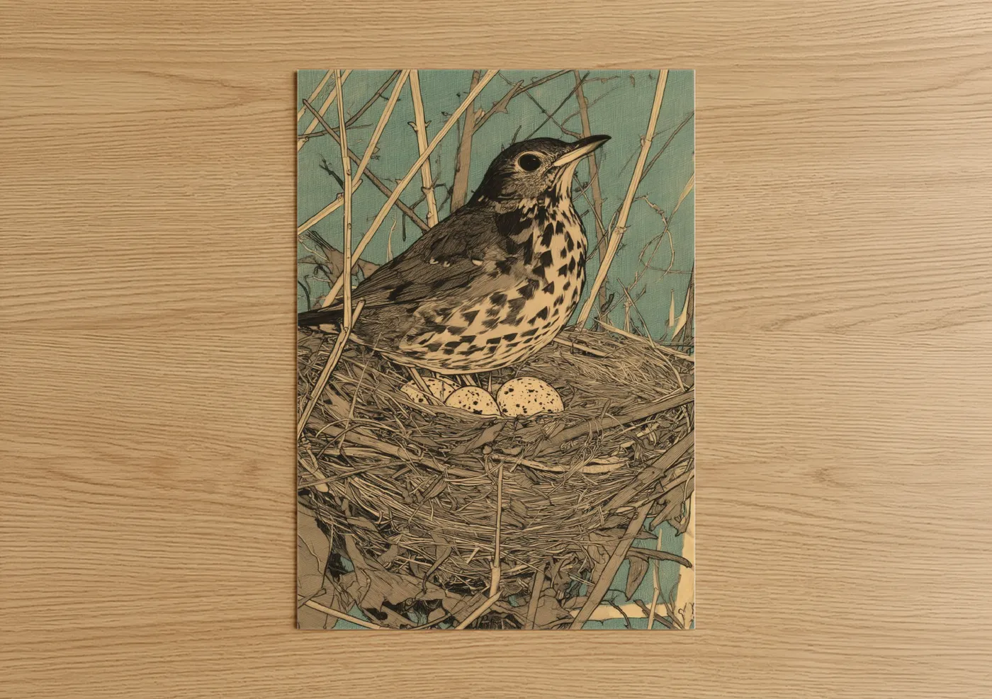 Art print on warm oak wood — sage green and cream palette — Nesting Thrush poster