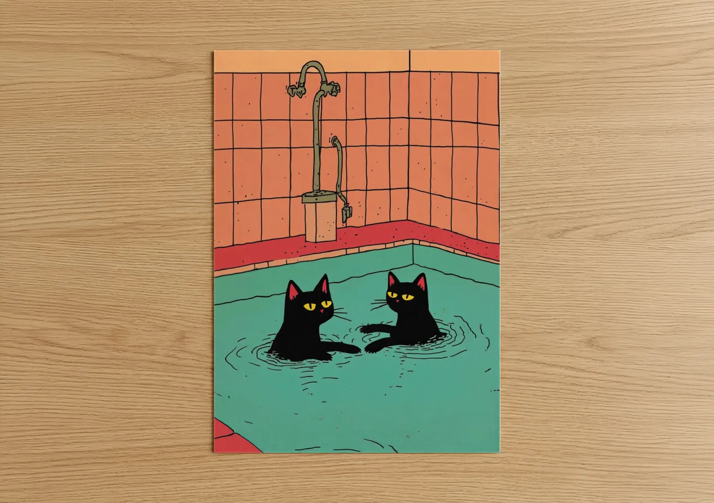 Black Cats Bathing Together Line Wall Art