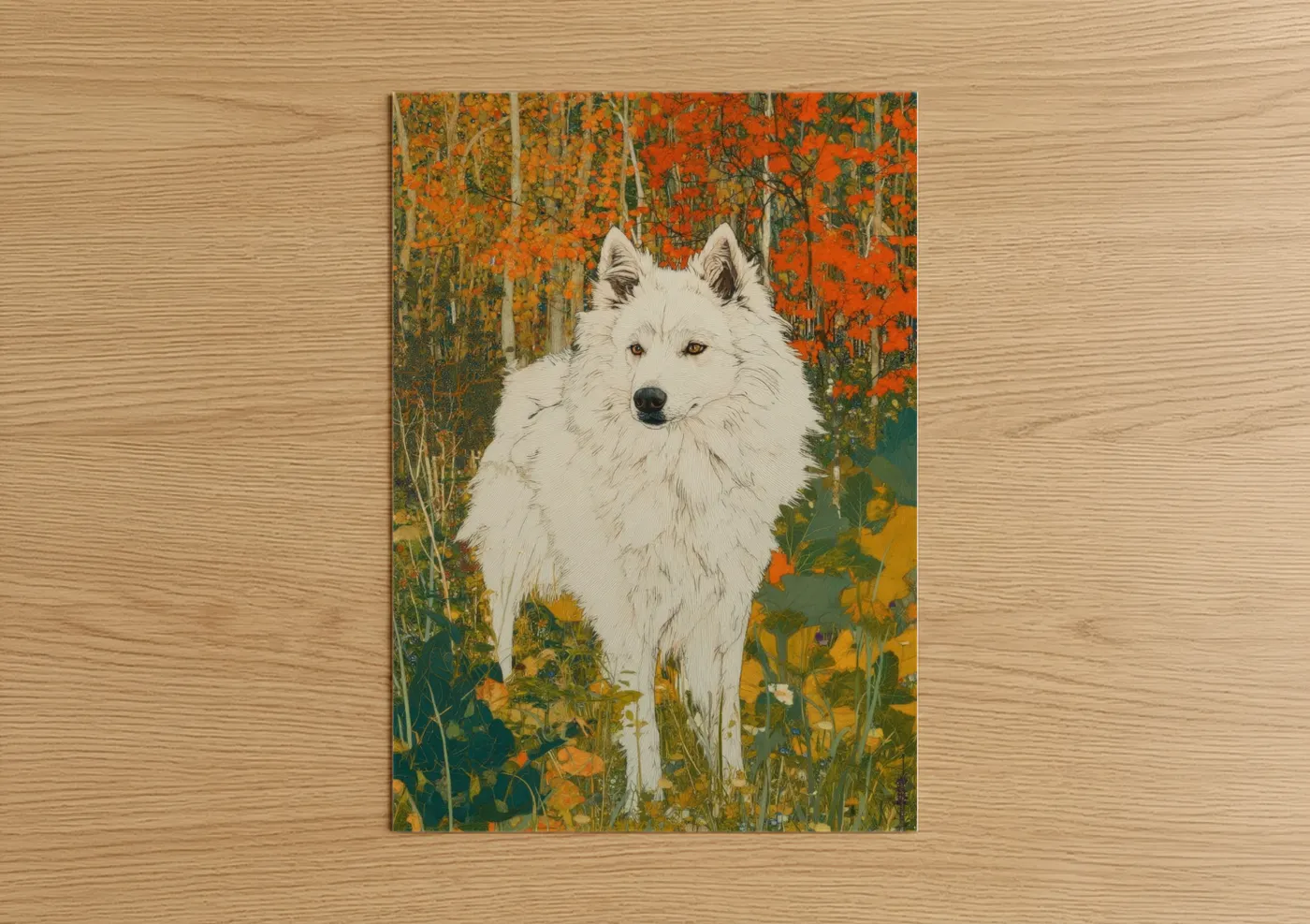 Art print on warm oak wood — orange and dark green palette — Autumn Spitz poster
