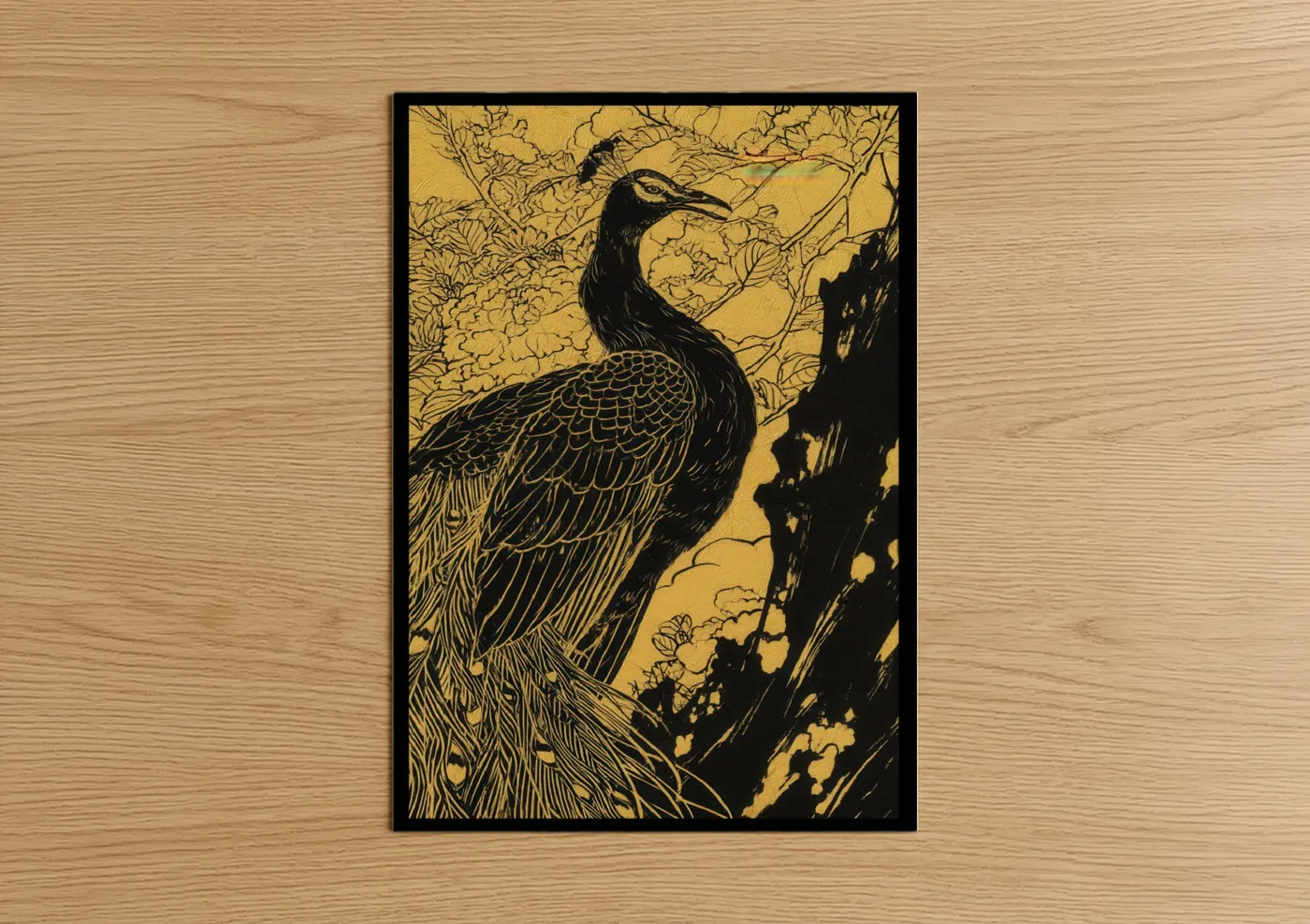 Art print on warm oak wood — gold and black and white palette — Golden Peacock poster