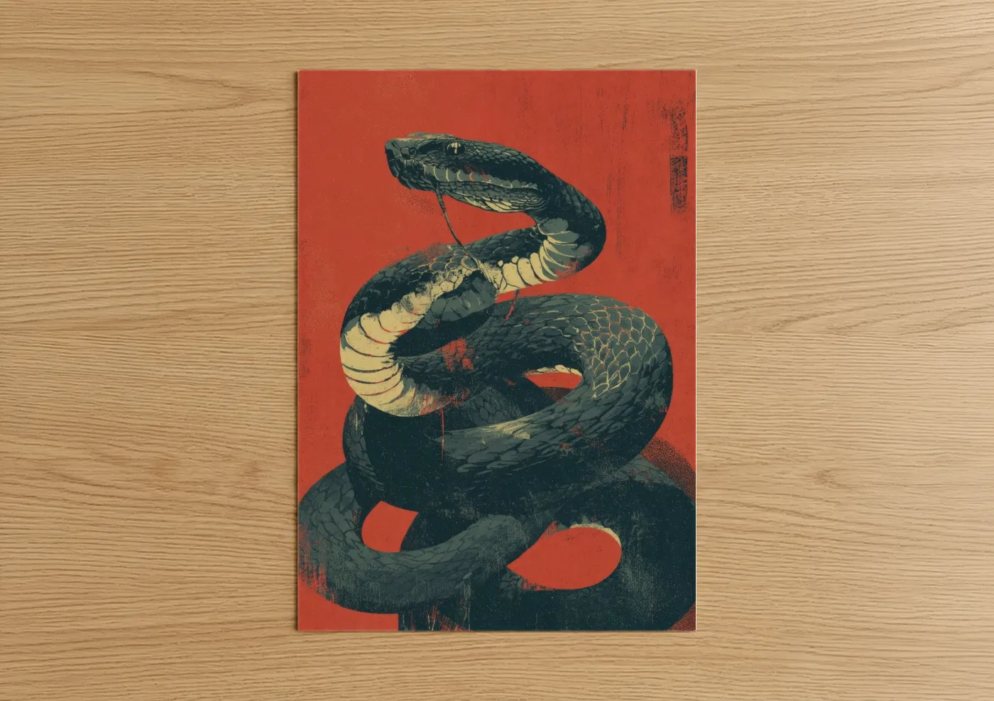 Art print on warm oak wood — red and black palette — Crimson Viper poster