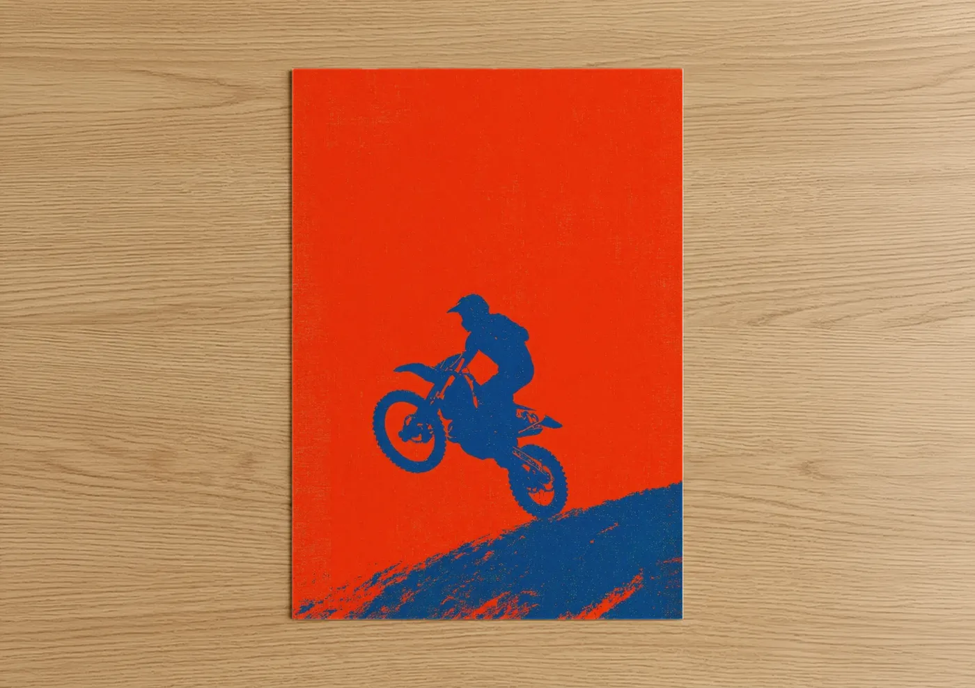 Art print on warm oak wood — orange and blue palette — Airborne Motocross poster
