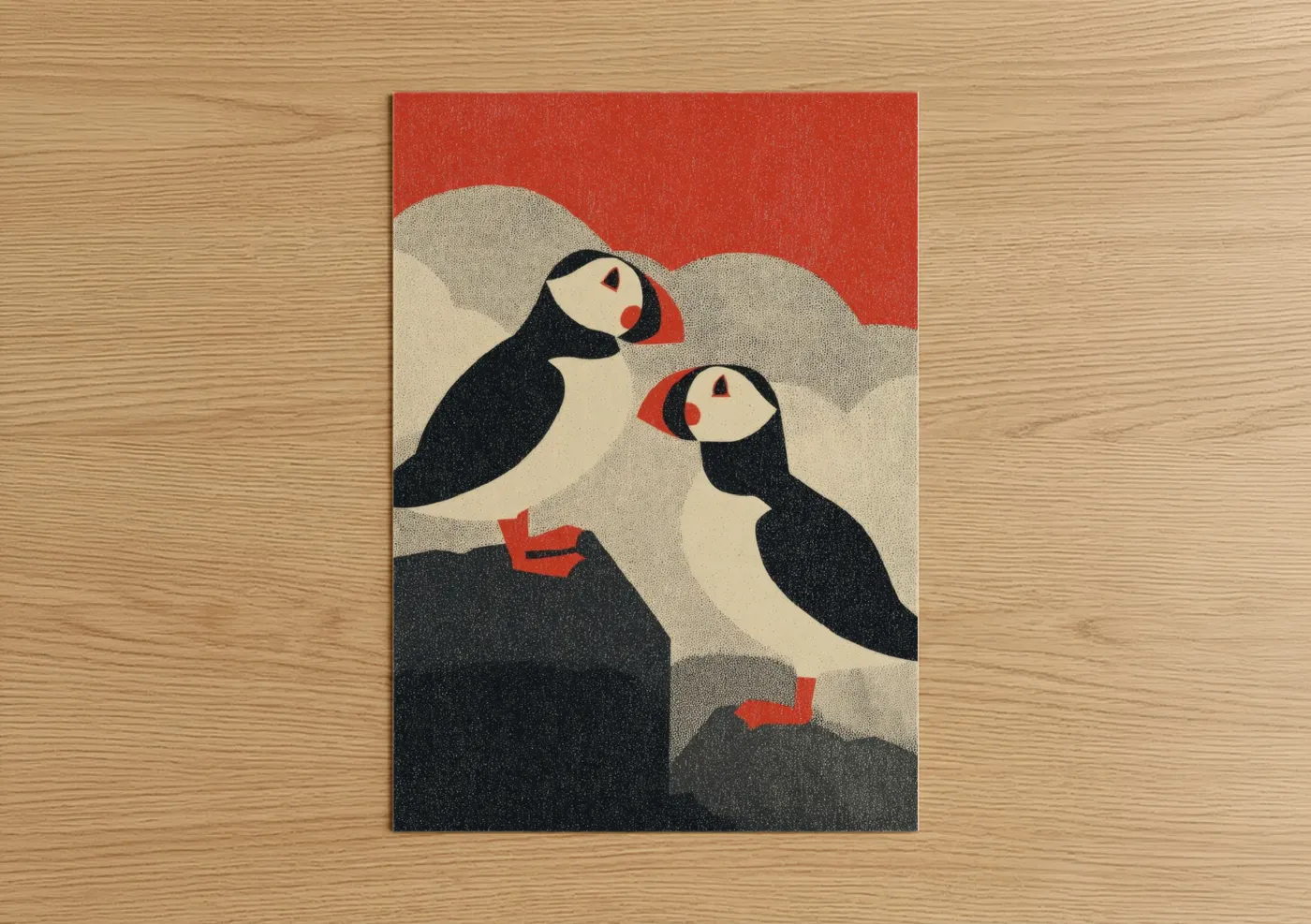 Animals in love art print on warm oak wood — red and black and white palette — Puffin Pair poster