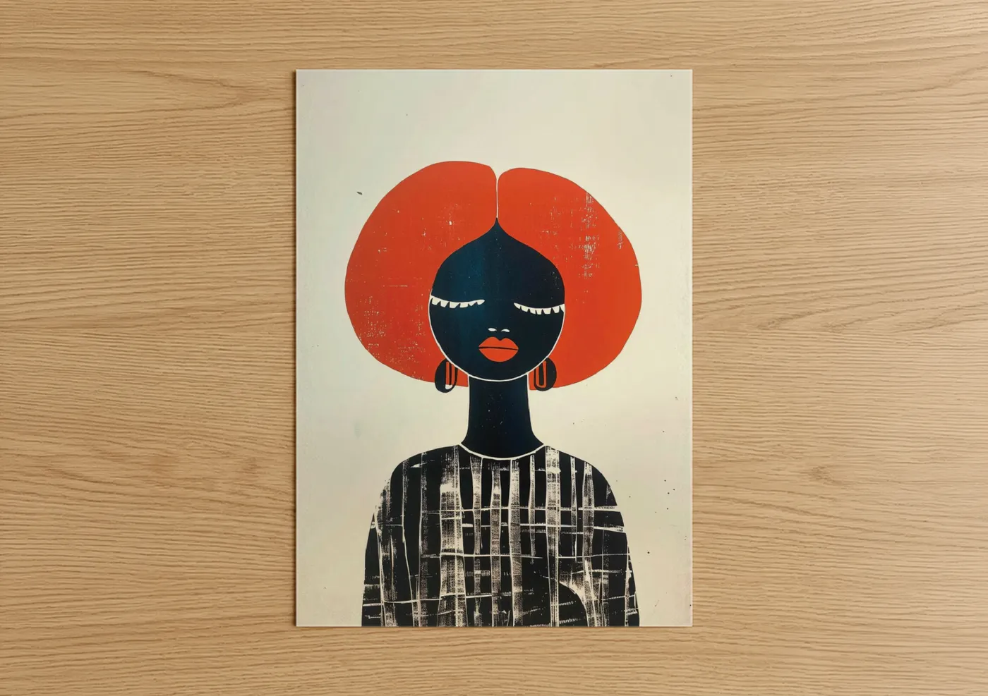 Fashion illustration art print on warm oak wood — red and black and white palette — Afro Fashion Portrait poster