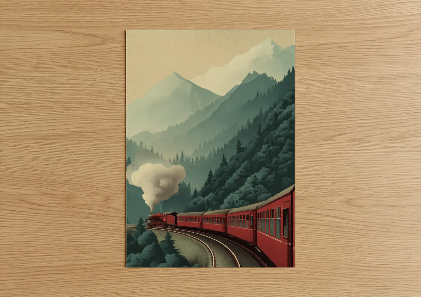 Red Steam Train Mountain Landscape Wall Art