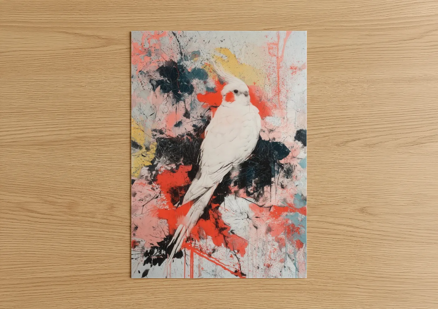 Art print on warm oak wood — black and red and gold palette — Splash Cockatiel poster