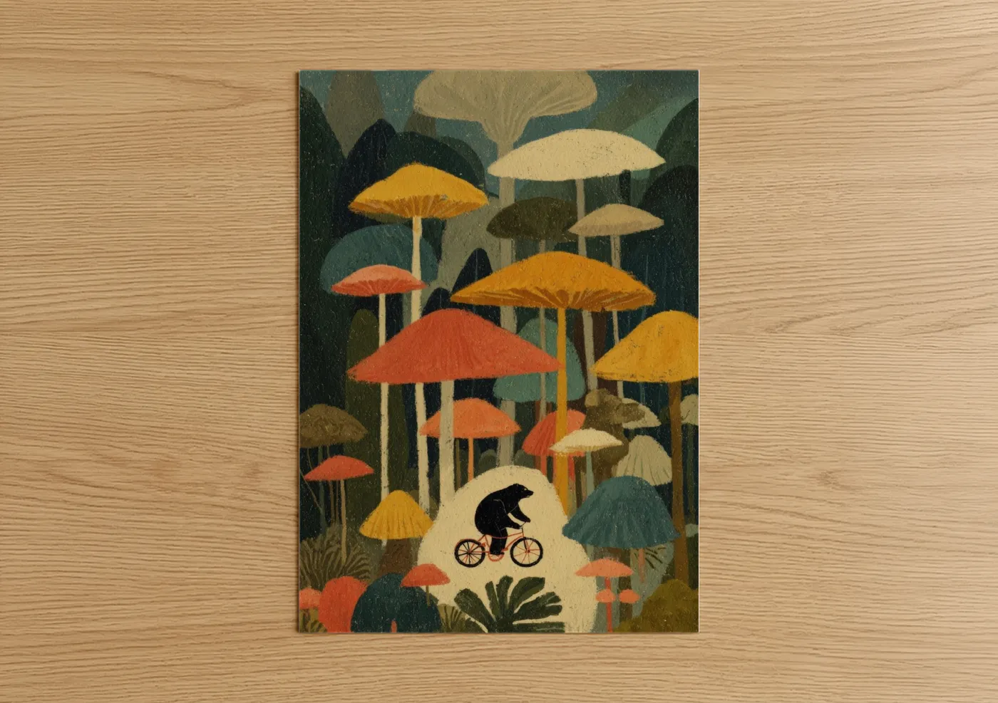Art print on warm oak wood — gold and dark green palette — Mushroom Forest Sloth Bear poster