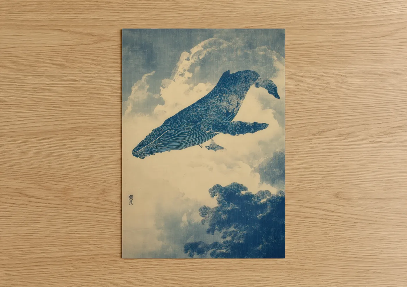 Blue Whale Floating Sky Watercolor Wall Art