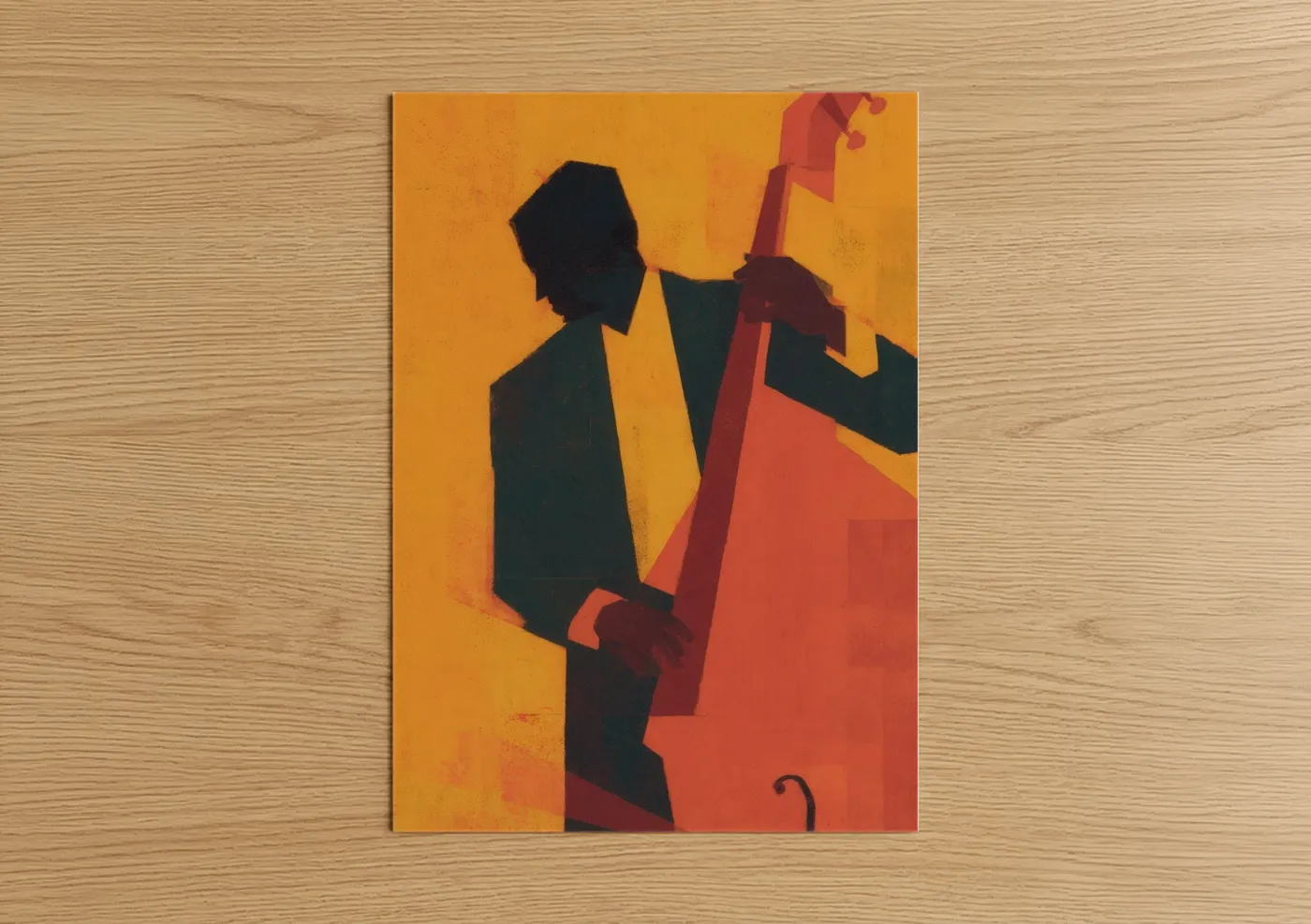 Bass guitar art print on warm oak wood — gold and black and gold palette — Golden Musician poster
