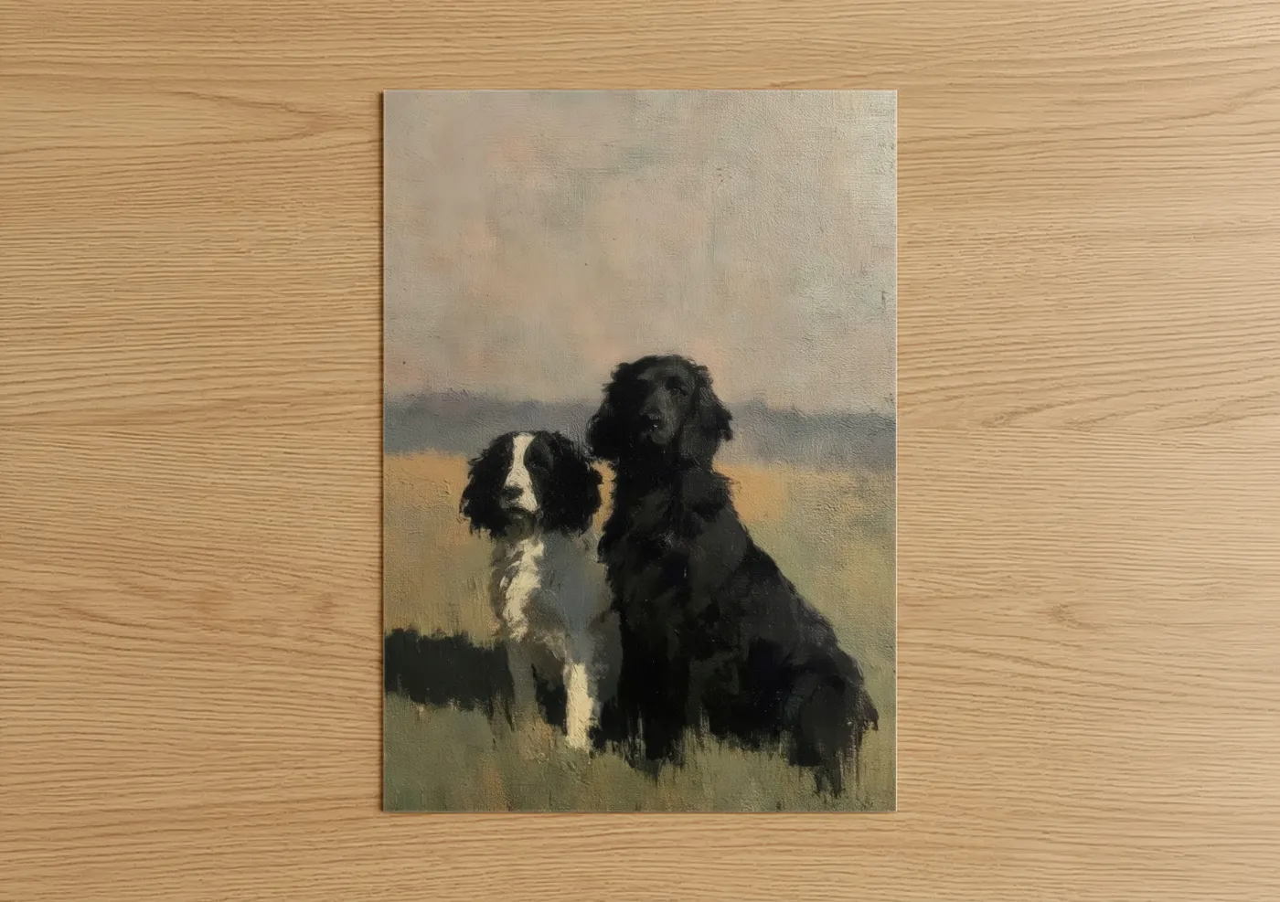 Art print on warm oak wood — cream and gray palette — Fieldside Spaniel Pair poster