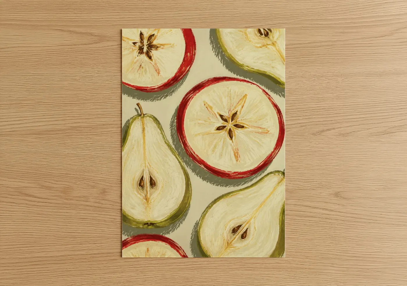 Fruit art print on warm oak wood — red and cream palette — Apple and Pear Slices Wall Art poster
