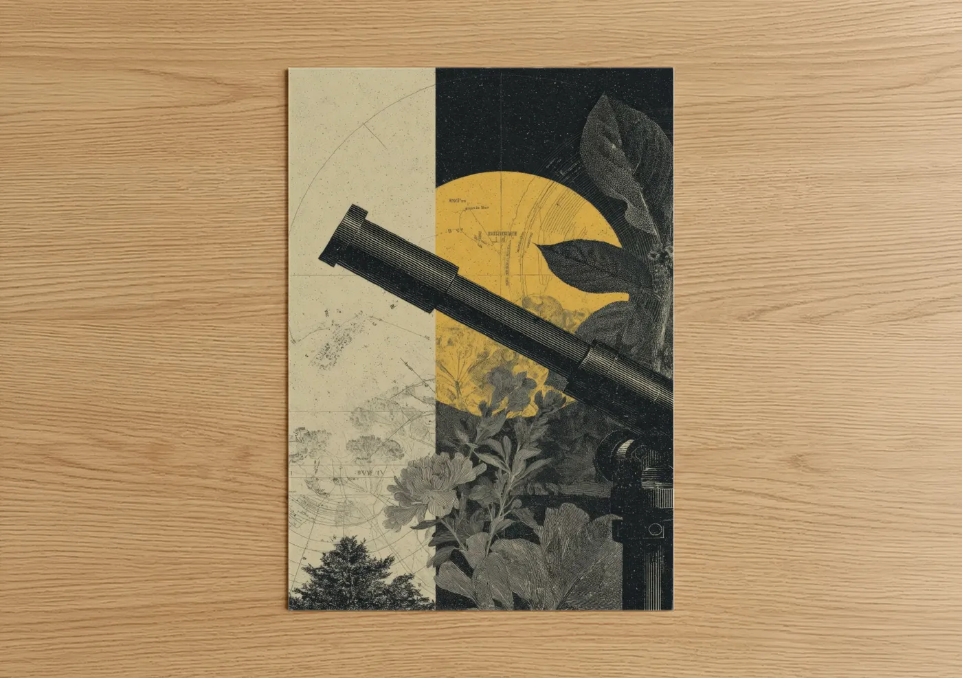 Art print on warm oak wood — gold and black and white palette — Celestial Spyglass poster