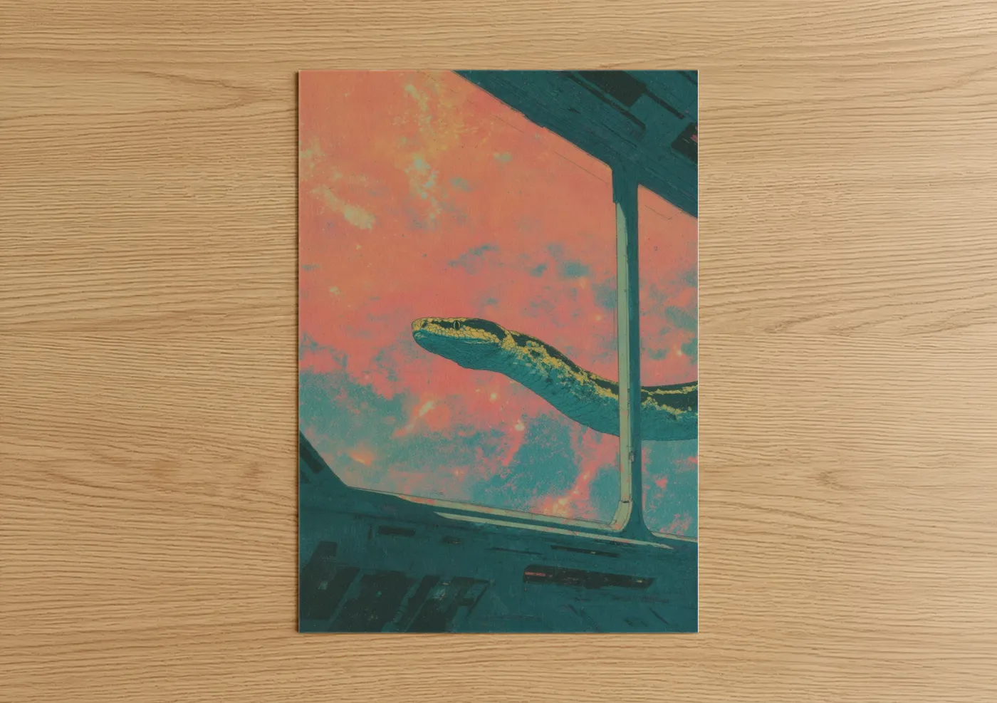 Art print on warm oak wood — salmon pink and teal palette — Golden Python poster