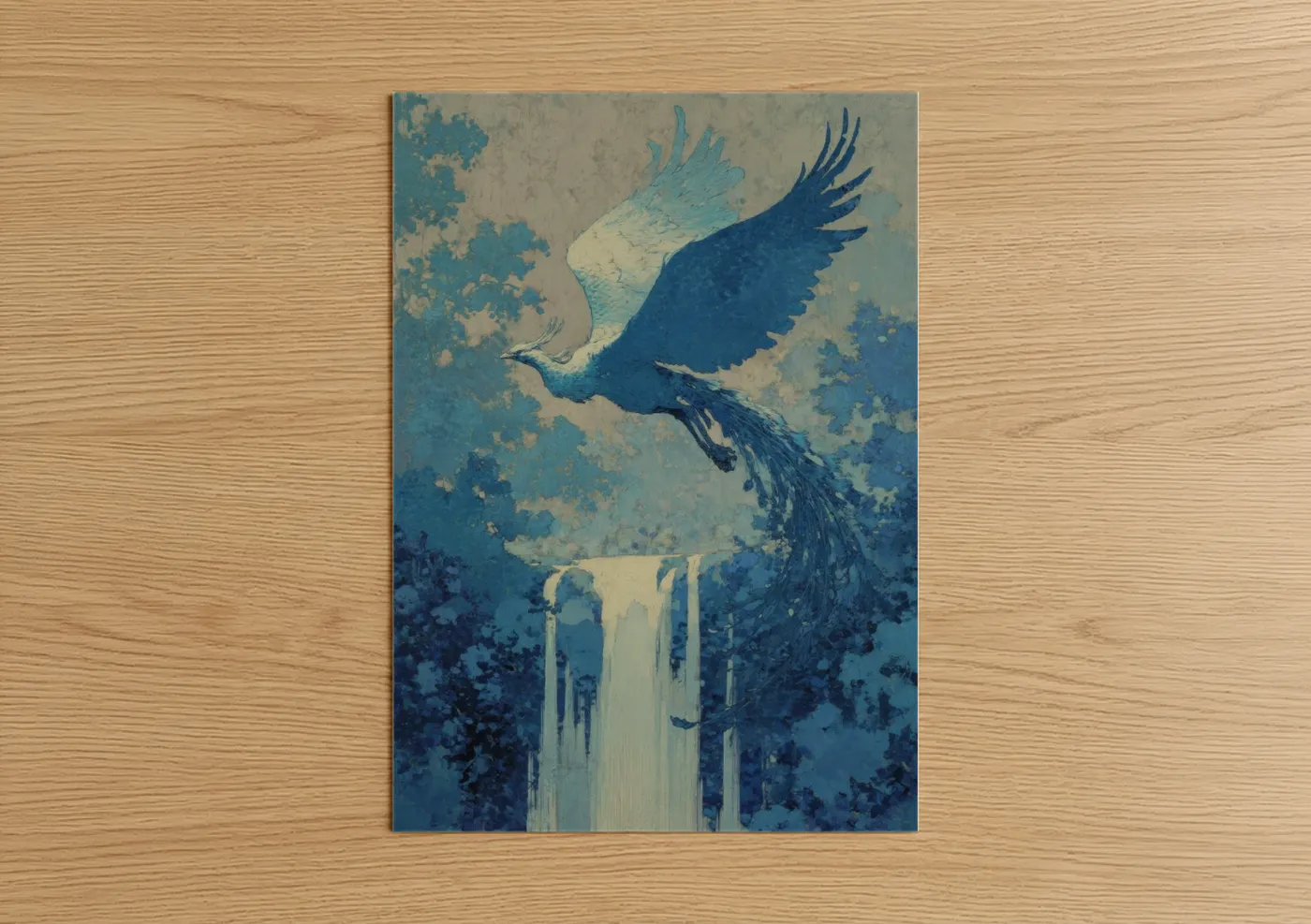 Art print on warm oak wood — blue and cream palette — Ascending Phoenix poster