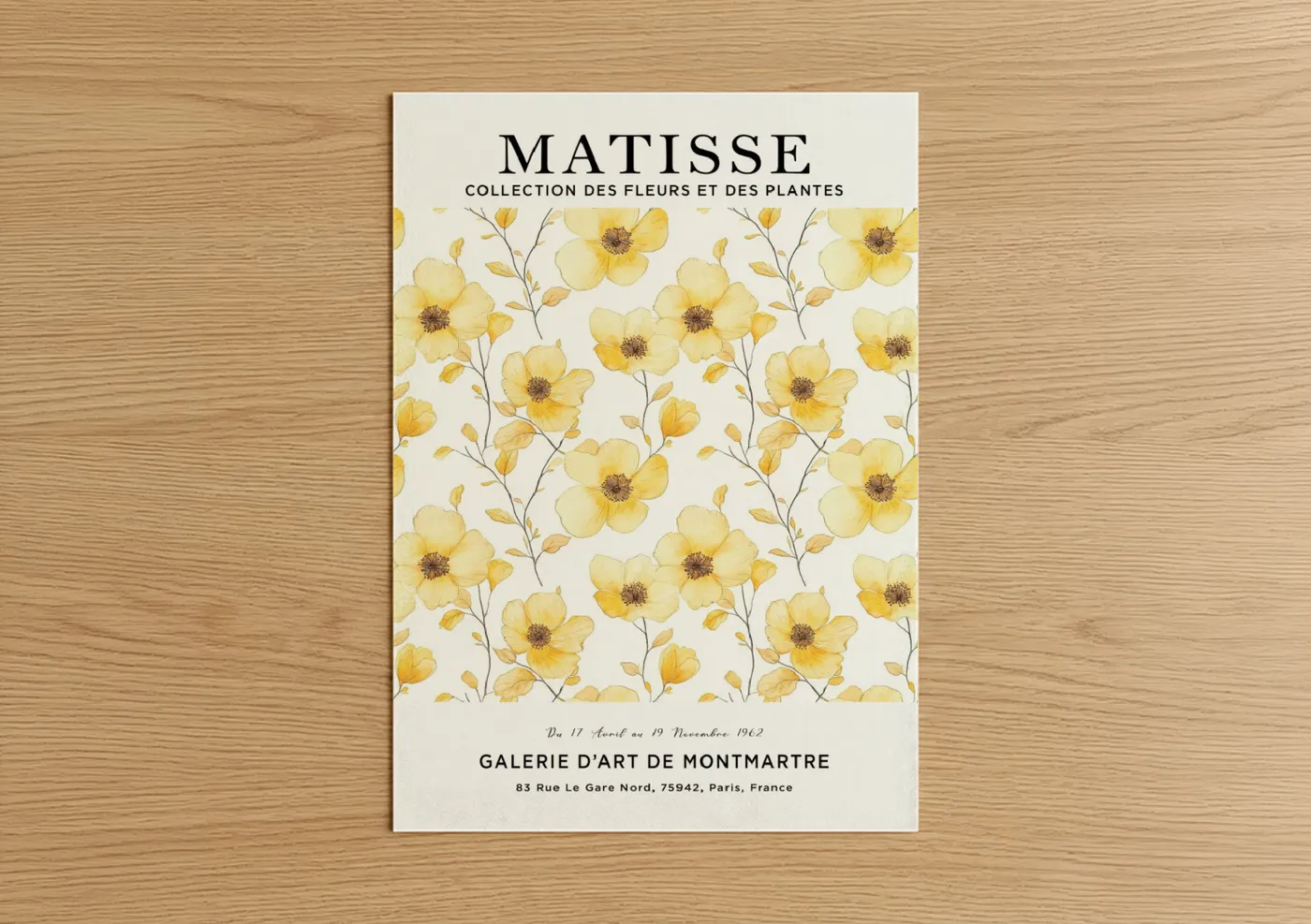 Abstract flower art print on warm oak wood — yellow gold and white palette — Yellow Matisse Florals poster